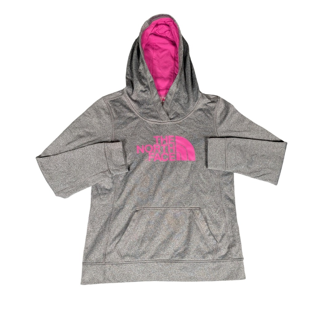 The North Face Womens Grey Pink Logo Fleece Pullover Hoodie Sweatshirt